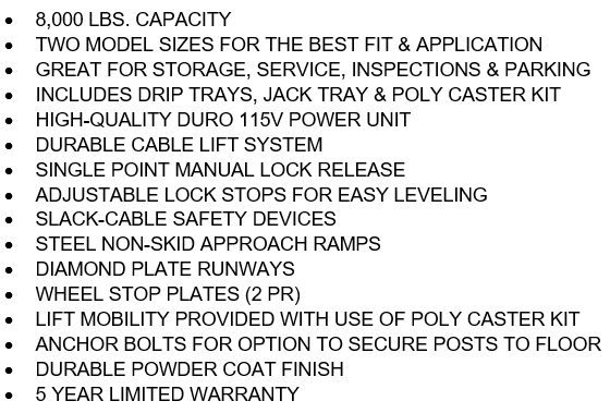 Legacy Automotive Lifts - 8,000 lb Deluxe Storage Lift Extended Length / Height