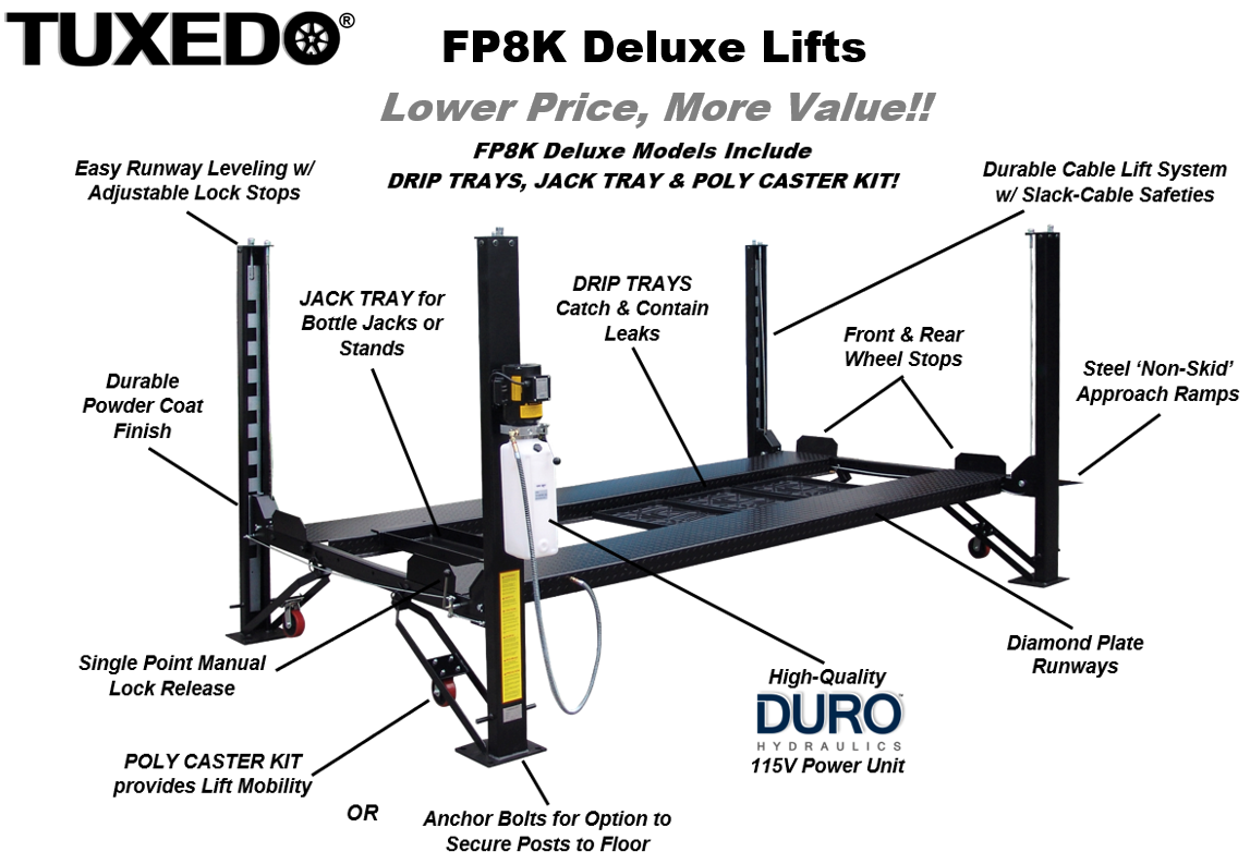 Tuxedo - 8,000 lb Deluxe Storage Lift Extended Length / Height - Poly casters, d