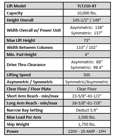 Launch Tech USA TLT210-XT-R 10,000lb. Capacity Two Post Lift with Adjustable Hei