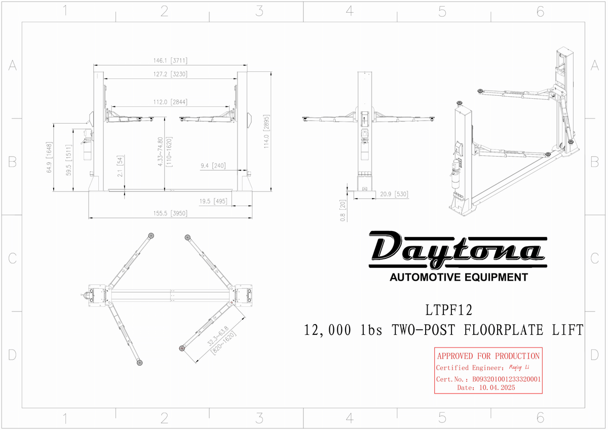 Daytona LTPF12 12,000lb 2 Post Lift