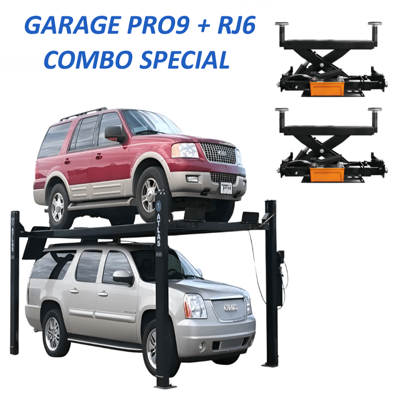 Atlas PRO9000 4 Post Lift + (2) RJ6BK Air Rolling Jack Combo