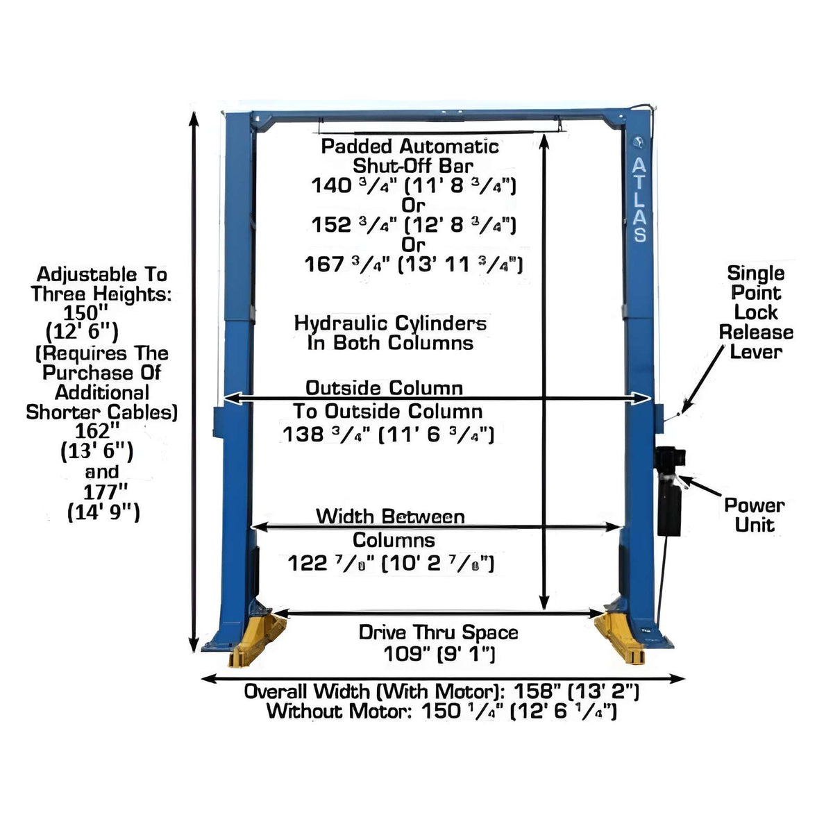 Atlas PV15PX 15,000lb 2 Post Lift - Adjustable Height