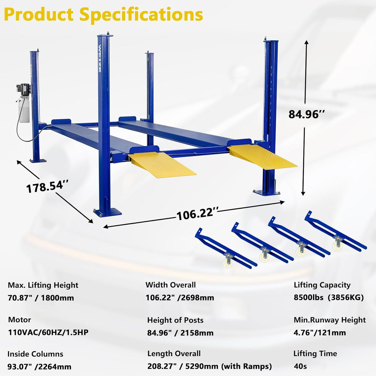 Weize Four-Post Car Lift with Casters Kit – 8,500 lb, Portable